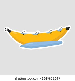 Banana Boat Vetor ilustração etiqueta. Um adesivo de ilustração de banana boat lúdico, ideal para férias na praia, atividades aquáticas e temas divertidos de verão. Perfeito para planejadores e decorações