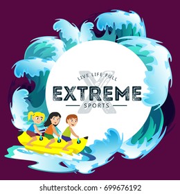 banana boat water extreme sports, isolated design element for summer vacation activity concept, cartoon wave surfing, sea beach vector illustration, active lifestyle adventure