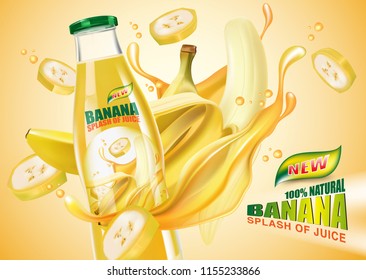 Banana bottled juice with fresh fruit, splashing liquid Ads. Realistic vector 3D illustration. Sweet of tropical fruits. Food concept design. of free space for your copy and branding.