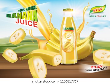 Banana bottled juice with fresh fruit, splashing liquid Ads. Realistic vector 3D illustration. Sweet of tropical fruits. Food concept design. of free space for your copy and branding.