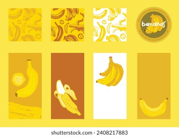 Banana branding set with hand drawn fruit illustrations for banana chocolate label, tropical packaging. Bananas seamless pattern for cosmetic banner.