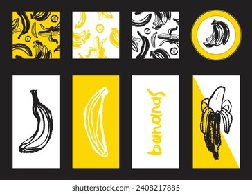 Banana branding set with hand drawn fruit illustrations for banana chocolate label, tropical packaging. Bananas seamless pattern for cosmetic banner.