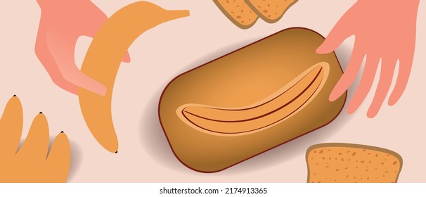 Banana bread close-up, flat vector stock illustration with gluten free food and hands during cooking