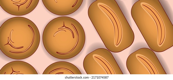Banana bread as healthy meal, flat vector stock illustration with gluten free food and Fashionable baking, Directly Above