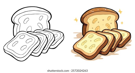 Banana Bread Line Art Vector Illustration Black and White with Coloring Sample. Bold and Easy Food, Sweets, Drinks, Dessert, and Snacks Coloring Pages for Adults and Kids.