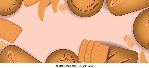 Banana bread for overlay, flat vector stock illustration with gluten free vegan food as copy space background