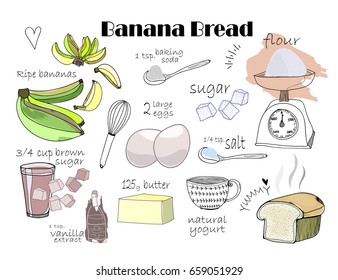 Banana bread recipe. Hand drawn vector ingredients. All elements are isolated
