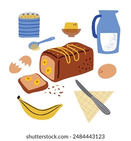 Banana bread recipe top view. Hand drawn illustration set of banana, bread, knife, bottle of milk, butter, egg, honey and napkin isolated white background. Vector elements.