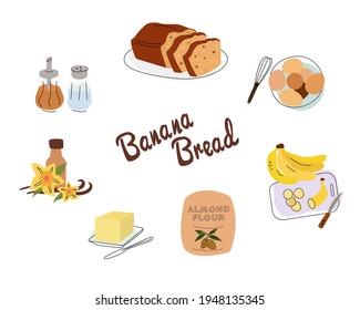 Banana Bread Set.  Recipe And Ingredients - Eggs, Flour, Banana, Butter.