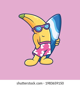 Banana bring Surfboard with Cool Pose. Fruit Summer Vector Icon Illustration, Isolated on Premium Vector