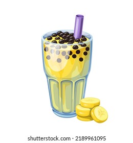 Banana bubble tea with black pearls on top vector illustration. Cartoon isolated vegetarian juice milkshake with cold coconut milk in glass with straw, delicious smoothie drink from Asian cuisine