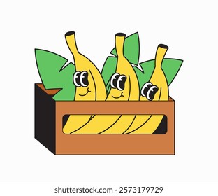 Banana bunch in a basket with leaves perfect for illustrating farming, nutrition cartoon hand drawn illustration