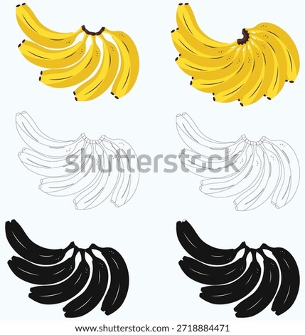 Banana Bunch Icon Set Yellow Flat, Silhouette, and Outline Vector Illustrations