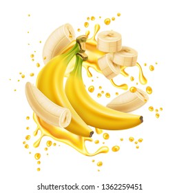 Banana bunch with peeled rings in yellow juice explotion swirl. Realistic natural flow for drink package design. Summer resfreshing drink, fresh liquid with vector fruits.