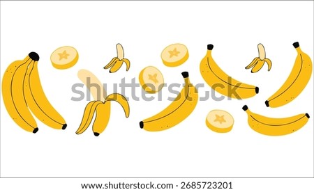 Banana bunch sliced fruit vector set
