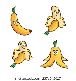 Banana with a calm face on whole fruit, peeled, bitten, and peel on a white background.