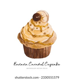 Banana caramel cupcake dessert, watercolor food painting vector design isolated on white background