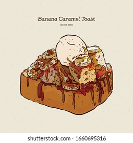 Banana caramel toast with ice-cream, hand draw sketch vector.