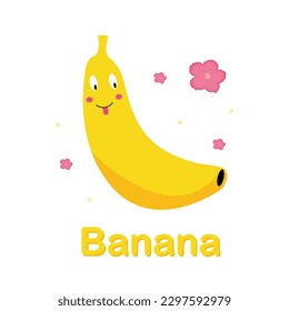 Banana card. Banana with tropical flowers. Vector graphics in cartoon style