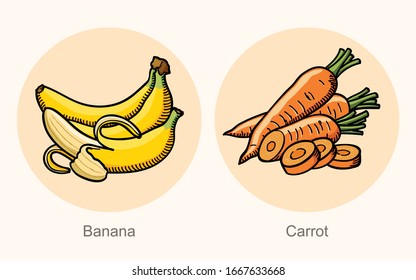 Banana and carrot is a fruit and ingredient has many nutritional values, Collection set for use illustration vector and simple design.
