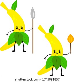 banana cartoon character an aborigine holds a spear in his hand and a torch on it clothes from green leaves the concept of plants and food.