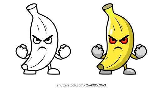 banana cartoon character with angry expression clenched fist complete with sketch, banana icon, banana logo, great as sticker or emot.