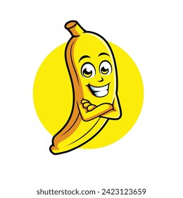 Banana Cartoon Character Cross arm Happy Mascot Illustration, Vector Clipart