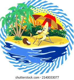 Banana Cartoon Character Relax on Summer Tropical Beach with Coconut Water Drink Vector Illustration