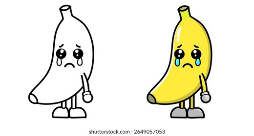 banana cartoon character with sad crying expression complete with sketch, banana icon, banana logo, great as sticker or emot.