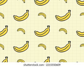 Banana-Cartoon-Charakter, nahtloses Muster auf gelbem Hintergrund