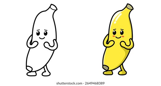 personagem banana cartoon com expressão tímida completa com esboço, ícone banana, logotipo banana, adequado para adesivo ou emot.