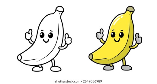 banana cartoon character with smiling expression complete with sketch, banana icon, banana logo, great as sticker or emot.