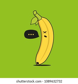 Banana cartoon character speaks on green background. Frustrated banana character with bubble for your text.