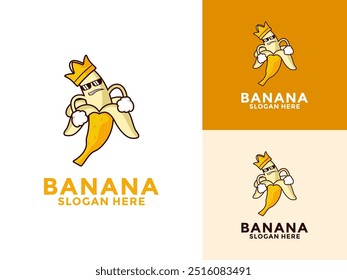 Banana cartoon with crown and glasses clenching fist with angry face logo vector, Creative banana logo design template