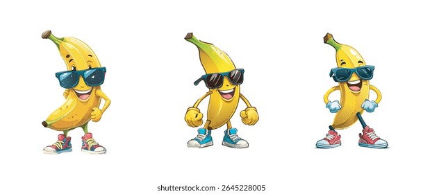 Banana Cartoon Illustration – Fun and Playful Vector Art of Cute Yellow Fruit Characters