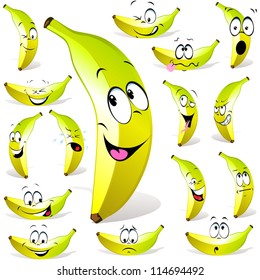 banana cartoon with many expressions isolated on white background