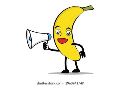 Banana Cartoon mascot or character holding a loudspeaker   to make an announcement
