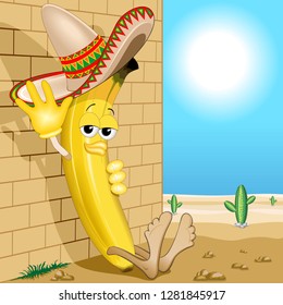 Banana Cartoon Mexico Siesta Cute Character with Sombrero Vector Illustration