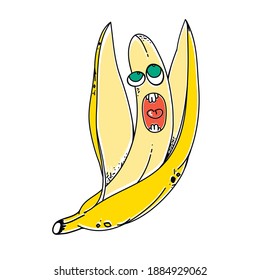 Banana cartoon. Banana screams in terror that someone is going to eat it. A fun illustration for topics related to vegetarianism can also be used for T-shirt design.