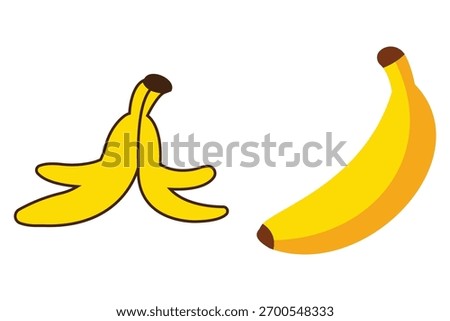 Banana Cartoon Vector Set – Ripe and Unripe Banana Stages, Peel Icons, Doodle Illustrations Isolated on White Background