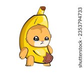 Banana Cat isolated on white background. Sad banana cat meme cartoon vector sticker, label and icon for printing on t shirt
