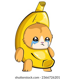 Banana Cat meme vector isolated on white background. Funky crying Sad banana cat meme cartoon vector sticker, label and icon for printing on t shirt