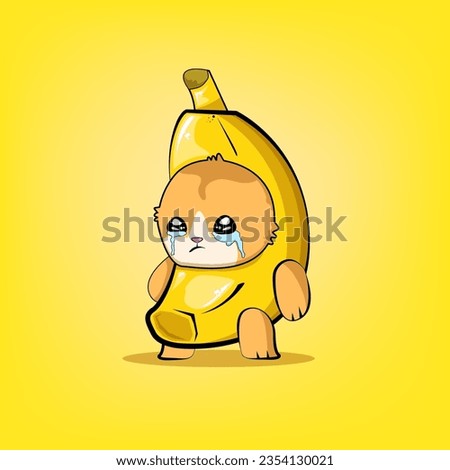 Banana Cat meme vector isolated on yellow background. Funky crying Sad banana cat meme cartoon vector sticker, label and icon for printing on t shirt