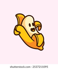 Personagem de banana com uma expressão alegre, cercado por um fundo rosa suave, perfeito para divertido desenhos animados