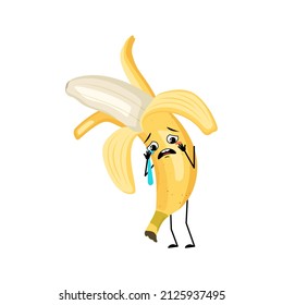 Banana character with crying and tears emotion, sad face, depressive eyes. Person with melancholy expression, fruit emoticon. Vector flat illustration