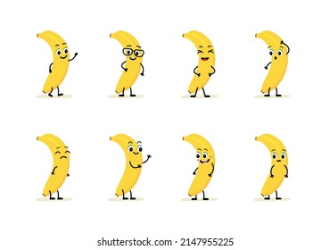 banana character with funny face. Happy cute cartoon emoji set. Cute and funny comic style. Flat cartoon. banana vector illustration isolated on white background. 