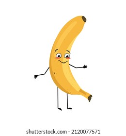 Banana character with happy emotion, joyful face, smile eyes, arms and legs. Person with expression, fruit emoticon. Vector flat illustration