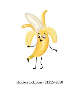 Banana character with happy emotion, joyful face, smile eyes, arms and legs. Person with expression, fruit emoticon. Vector flat illustration