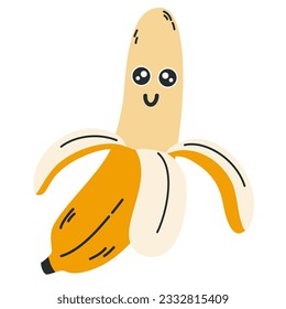 Banana character icon with smiley face. Cute fruit. Vector illustrations in a pastel palette for kids isolated on the white background. 