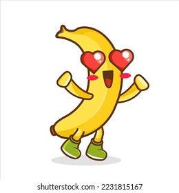 Banana character with love emotions. banana with love heart shaped eyes isolated on white background